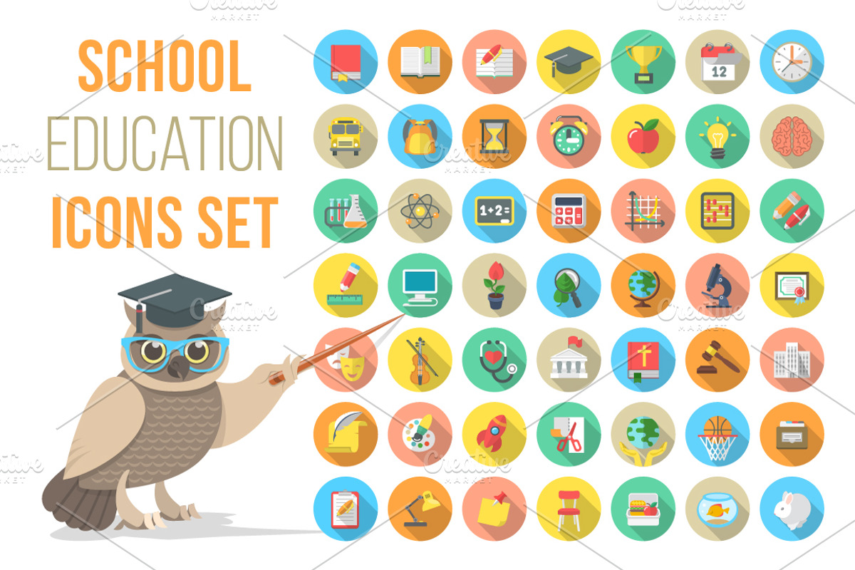 Vector Flat Round School Icons, an Icon by Vectorikart