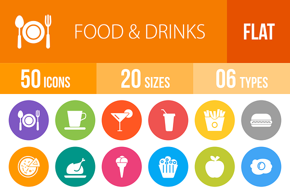 50 Food & Drinks Flat Round Icons preview 4