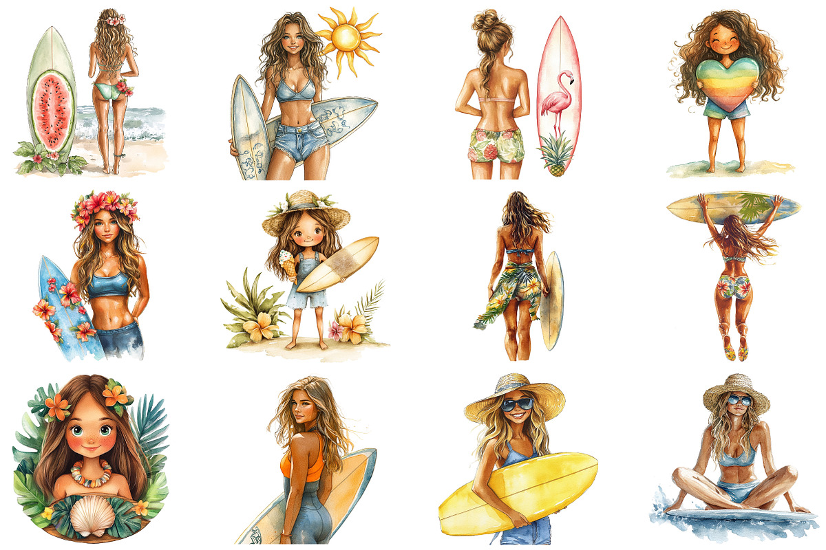 Aloha Surfing Girl Clipart Set, an Illustration by Craft Nest (Photo 2 of 4)