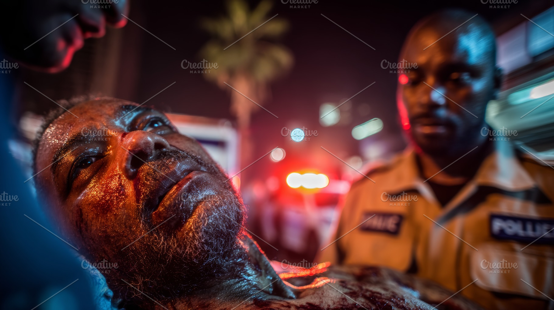 Emergency response scene with injured black man and police at night, a Photo by AS photostudio