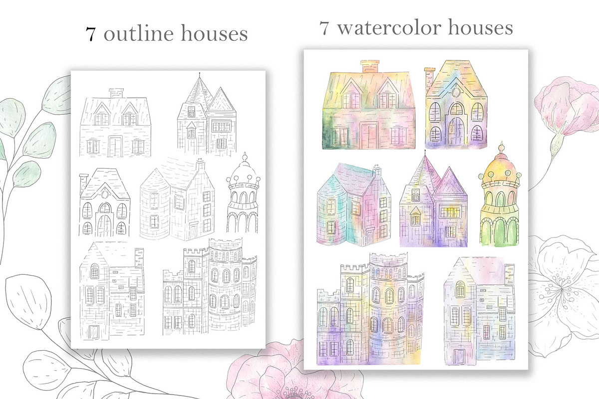 Watercolor Houses and Plants, an Illustration by ViсkyArtDesign (Photo 12 of 14)