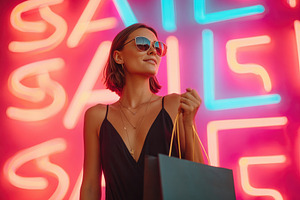 Beautiful woman holding shopping bag after shopping, a Holiday Photo by AlyaAnd