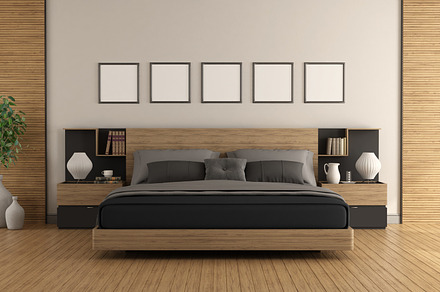 Modern Bedroom with wooden and black bed isolated on white, an Architecture Photo by Archideaphoto