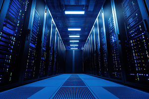Blue-lit server data center, a Photo by Beautiful things