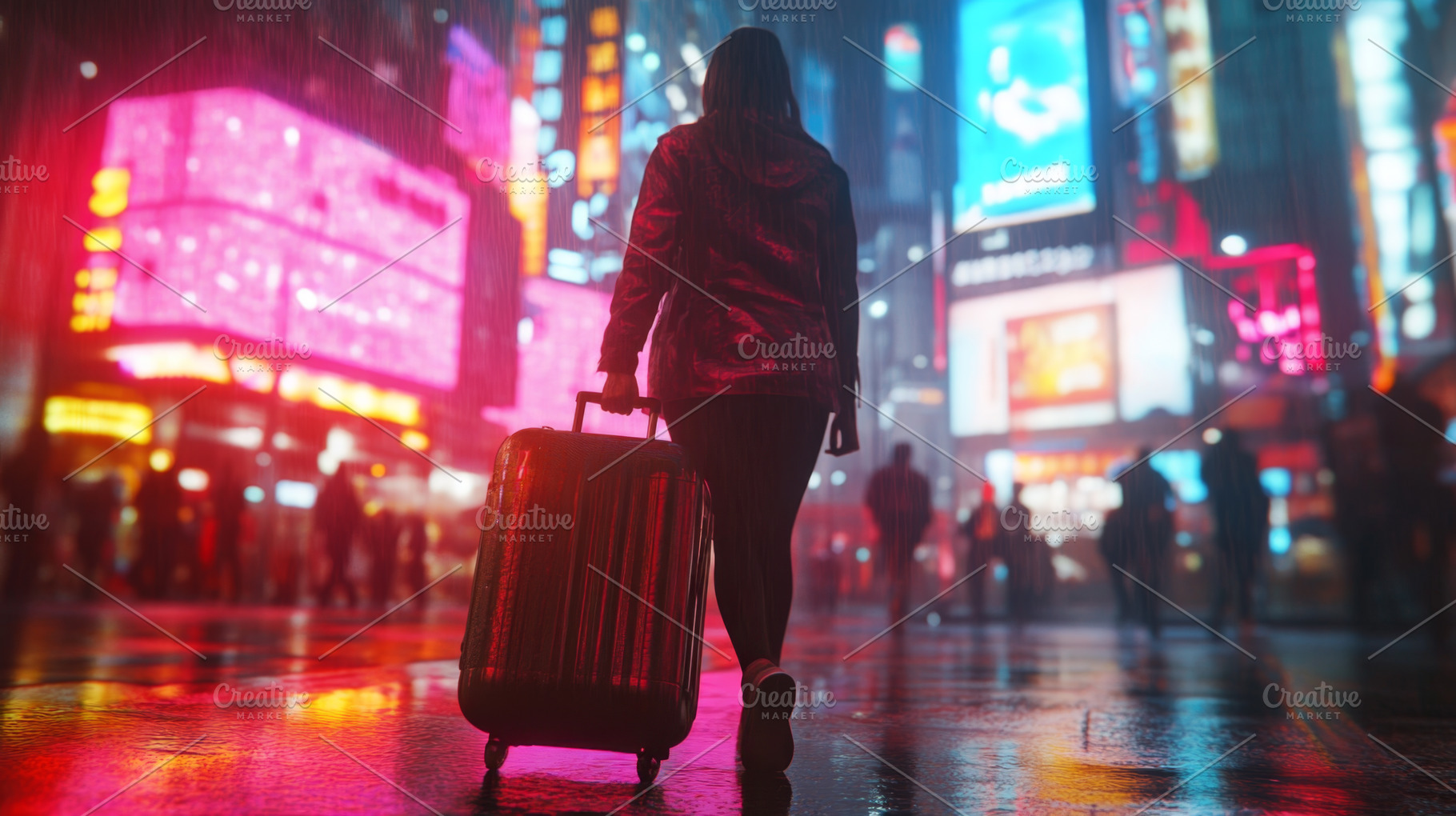 Traveler Walking Through Neon-Lit City on a Rainy Night, an Abstract Photo by Natalia Klenova's Shop