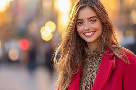 Beautiful smiling young woman in red, a Person Photo by MistyDay
