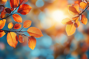 Orange leaves on tree branch in autumn city park with sunrays, a Nature Photo by AlyaAnd