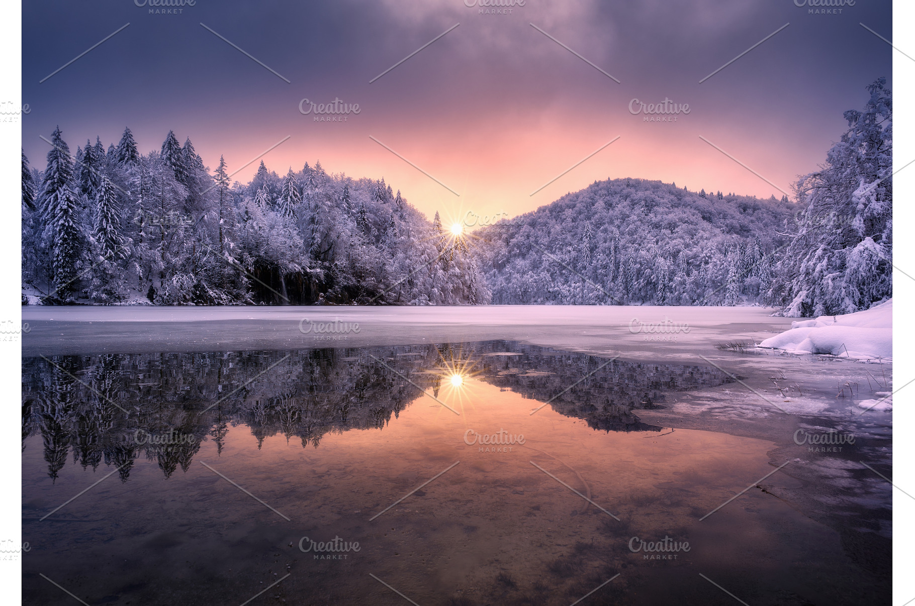 Frozen lake with reflection of snowy, a Nature Photo by den-belitsky