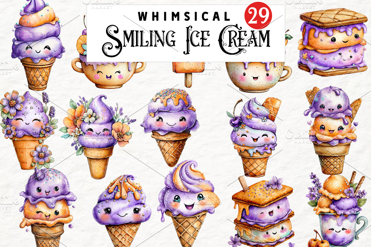 Whimsical smiling ice cream Clipart, a Decorative Illustration by Watercolor design (Photo 1 of 6)