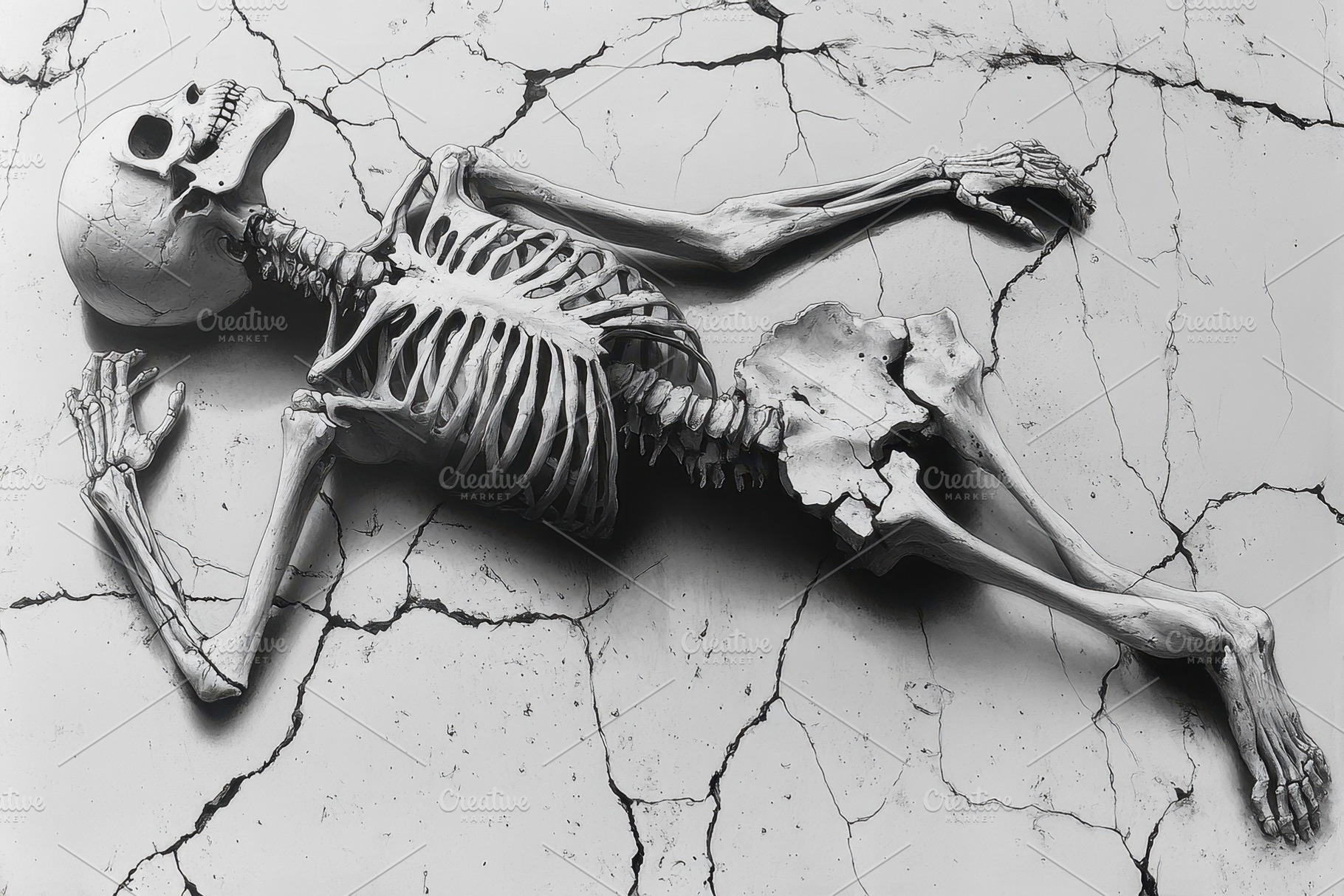 Human skeleton lying on cracked grou, a Photo by Tanuart