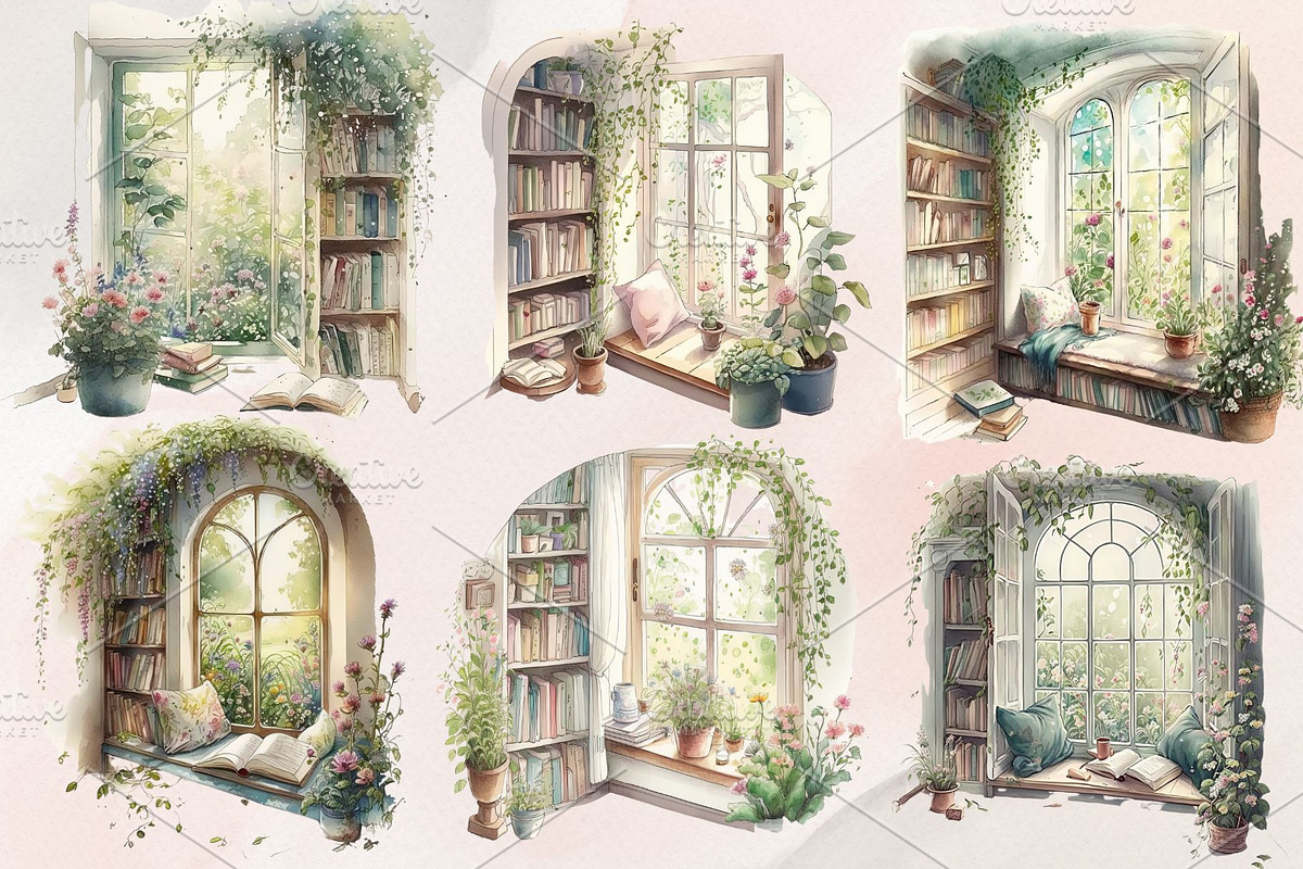 8 Watercolor Cozy Reading Nook Clipa, an Illustration by Jalina Clipart Studio (Photo 3 of 5)