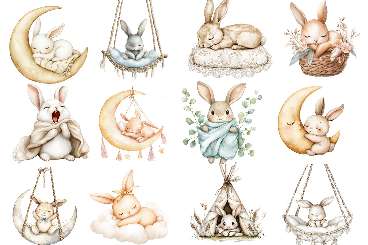 Bunny Neutral Sleeping Animals png, an Illustration by Watercolor design (Photo 3 of 5)