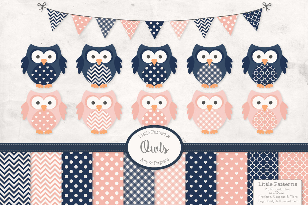Navy & Blush Vector Owls & Papers, an Animal Illustration by Amanda Ilkov (Photo 1 of 3)
