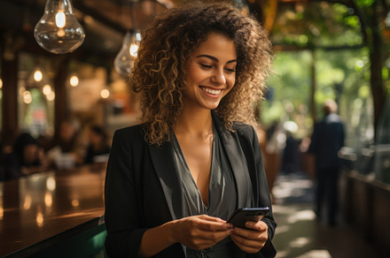 Portrait of smiling businesswoman using mobile phone while stand, a Person Photo by AS photostudio