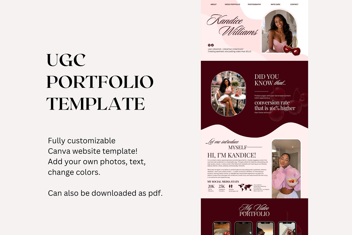 Cherry UGC Portfolio Template Canva, a Landing Page Template by Business Chic (Photo 2 of 5)