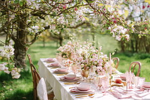 Elegant English Easter tables with daffodils, painted eggs, past, a Holiday Photo by Studio ANNA