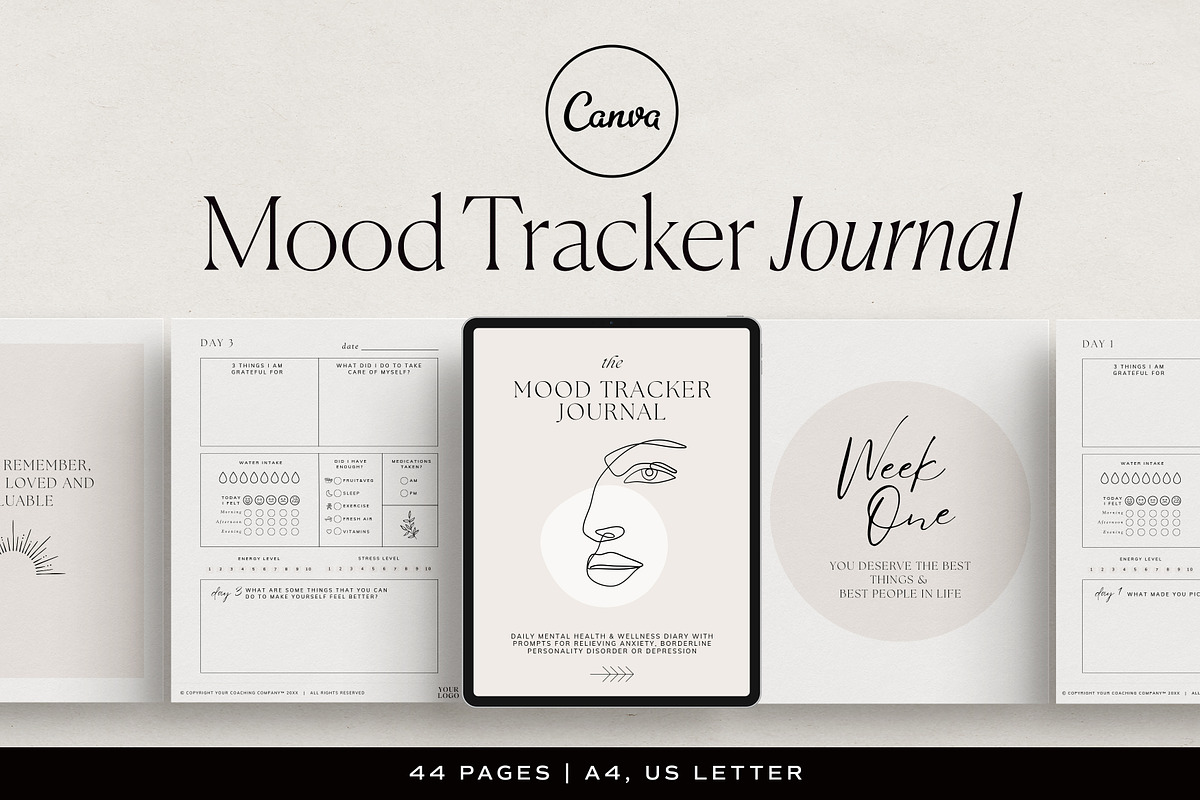 Mood Tracker Journal Canva Template, a Presentation Template by HelloKarla (Photo 1 of 6)