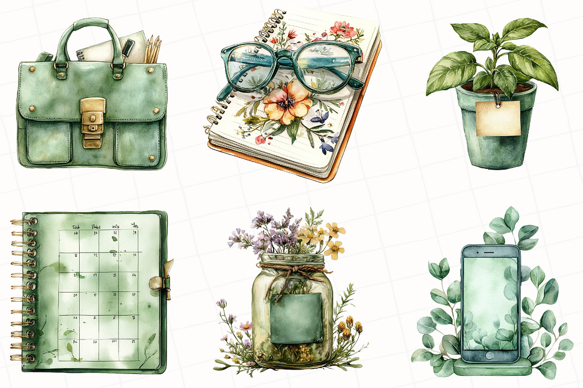 Watercolor Green Planner Clipart, an Illustration by OK Design (Photo 3 of 5)