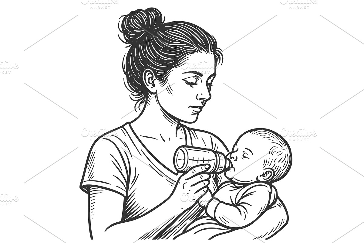 Mother feeding baby with bottle, a Person Illustration by AlexArt