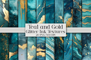Teal and Gold Glitter Ink Textures, a Pattern Graphic by Libby Wishes