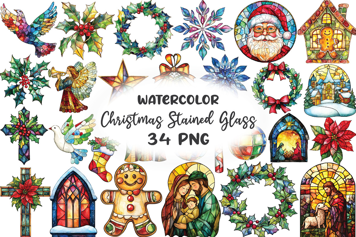 Christmas Stained Glass Clipart, an Illustration by CraftArtStudio (Photo 1 of 6)