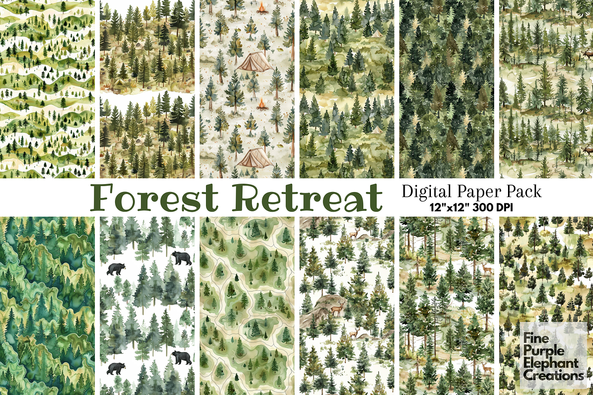 Watercolor Forest Camping Green Tree, a Pattern Graphic by Fine Purple Elephant (Photo 1 of 5)