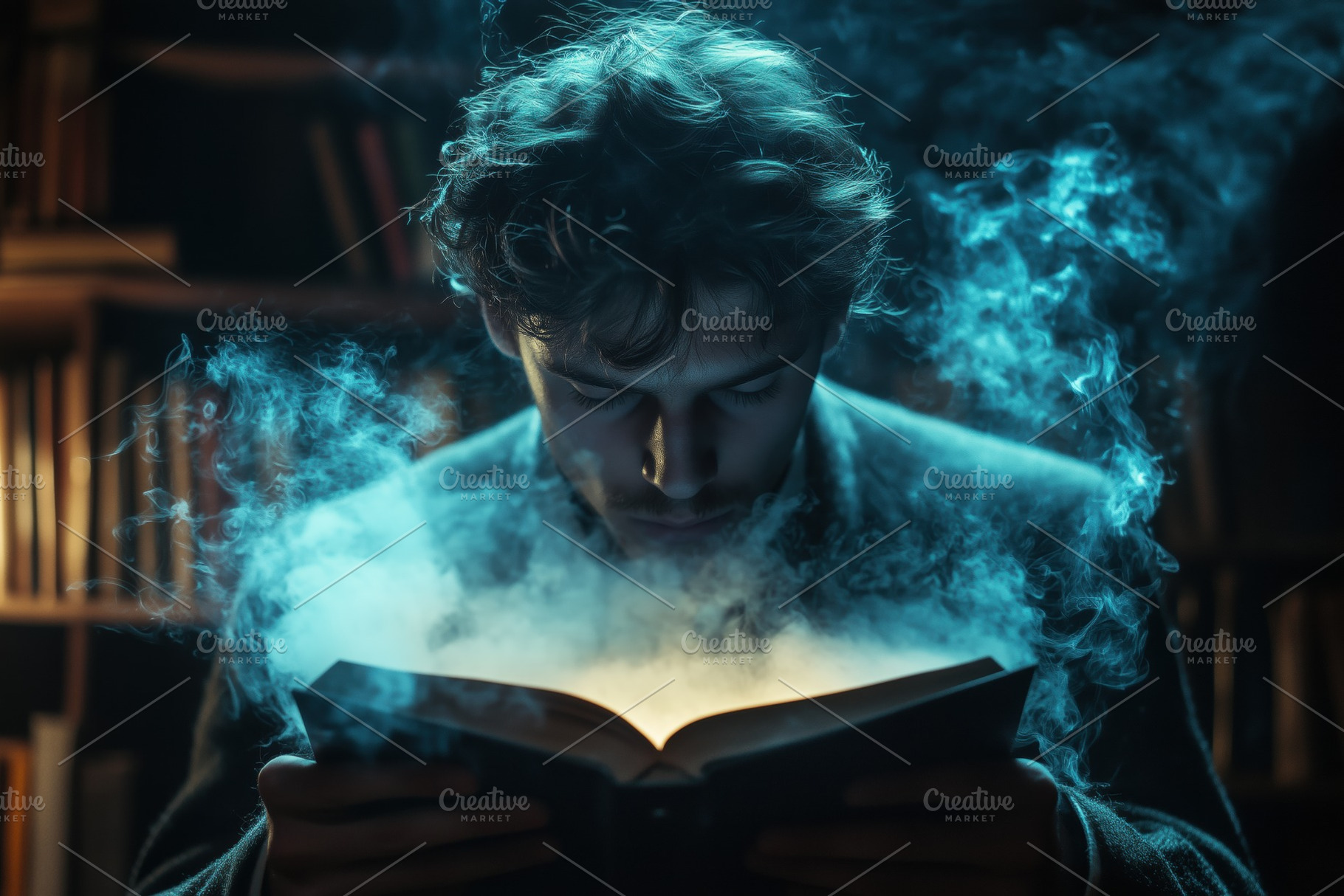 A psycholinguist man reading a book surrounded by mystical smoke and glowing li, a Person Photo by Textures & Backgrounds