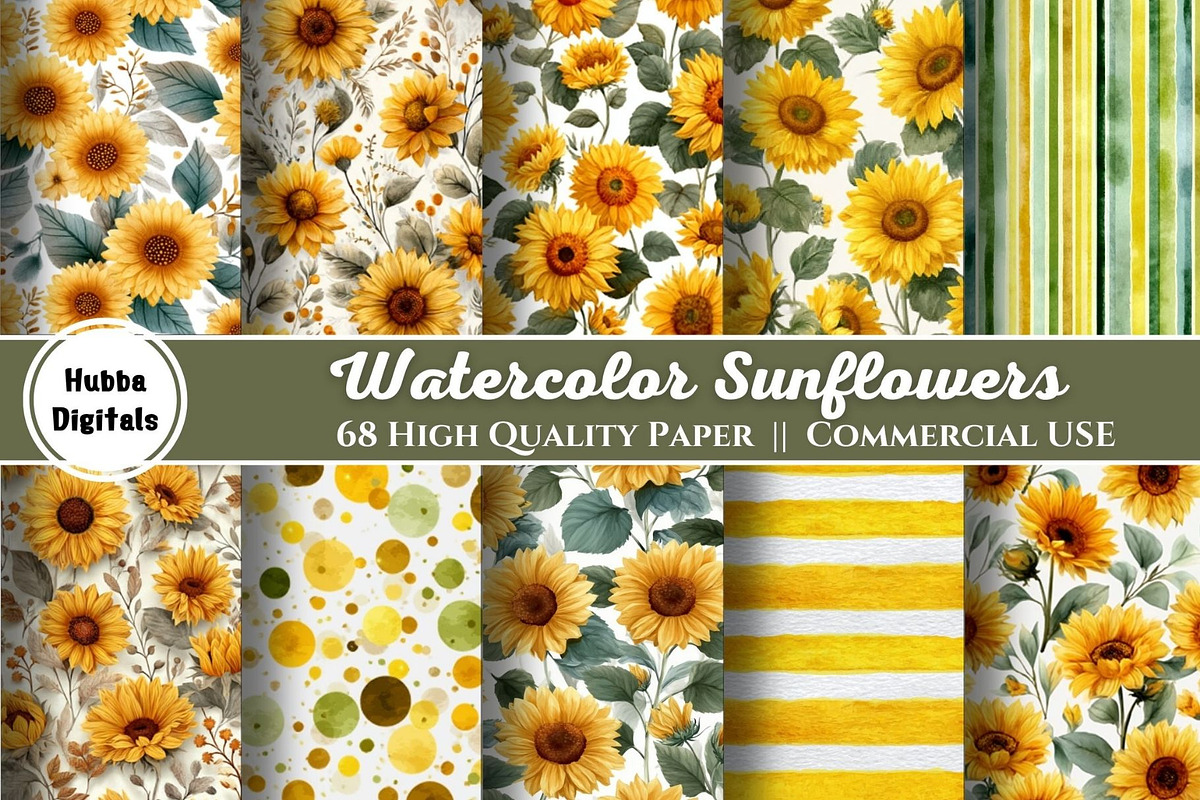 Watercolor Sunflowers Digital Paper, a Decorative Illustration by HubbaDigitals (Photo 1 of 3)