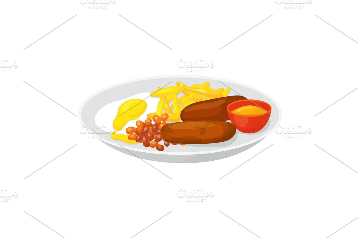 Plate fried chicken, fries, beans, a Food Illustration by KitVector