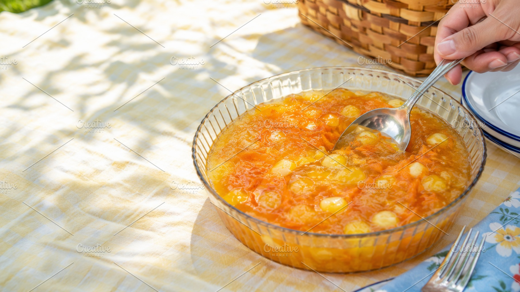 Jello salad in a glass dish on picni, a Photo by Dvoevnore photos