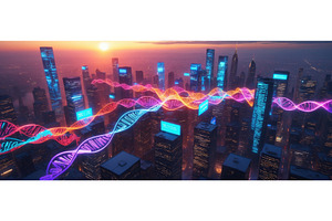 Futuristic cityscape at sunset with, an Illustration by tilialucida