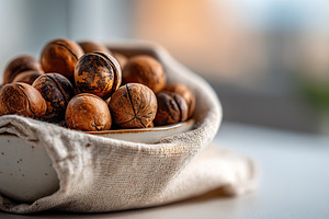 Decorative bowl filled with natural seed pods on a light surface in a cozy indo, a Food & Drink Photo by AlyaAnd