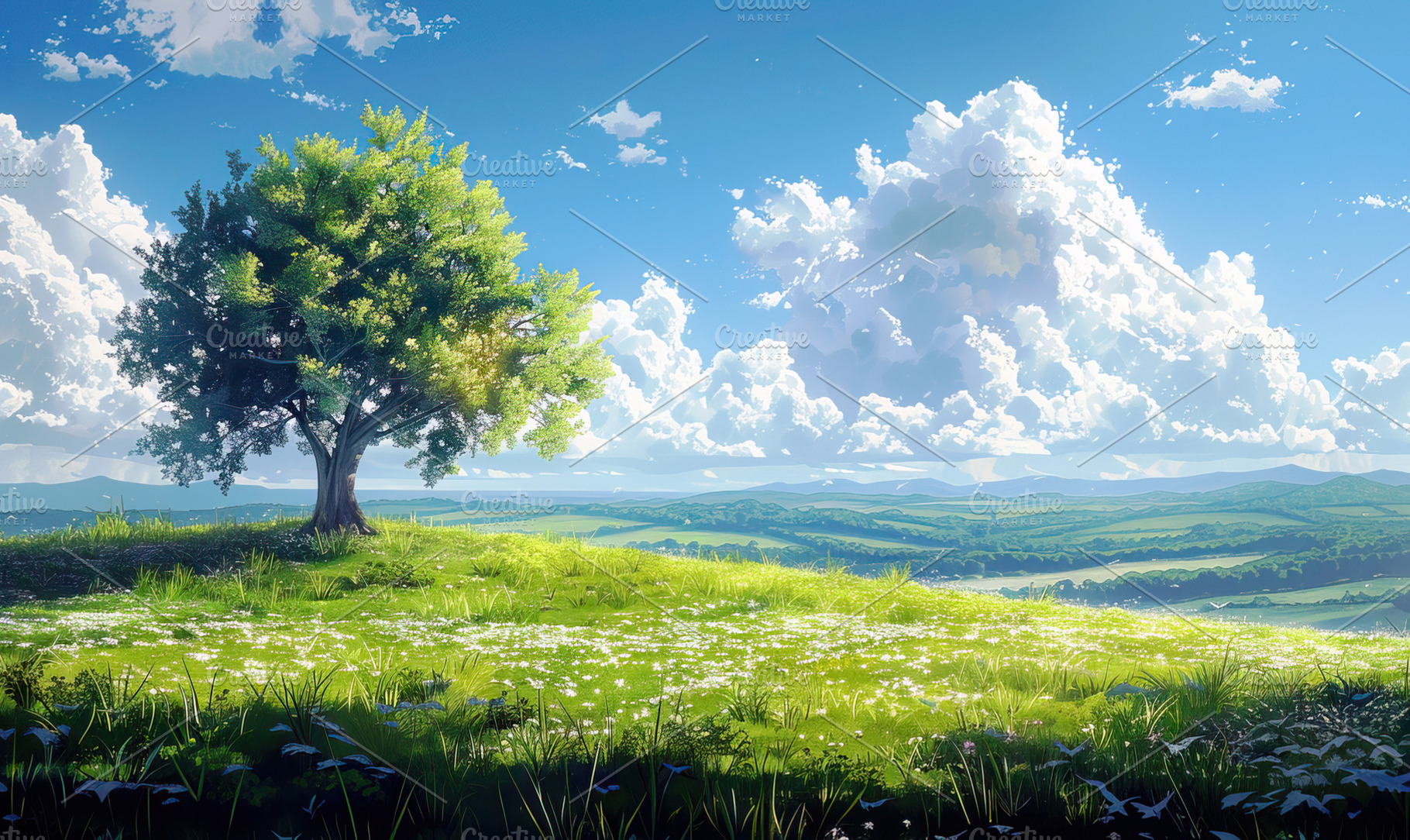 Lush green field under blue skies wi, a Photo by LOGOCREATIVE