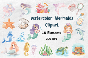 Watercolor Mermaids Clipart, a Person Illustration by BerryPieArt