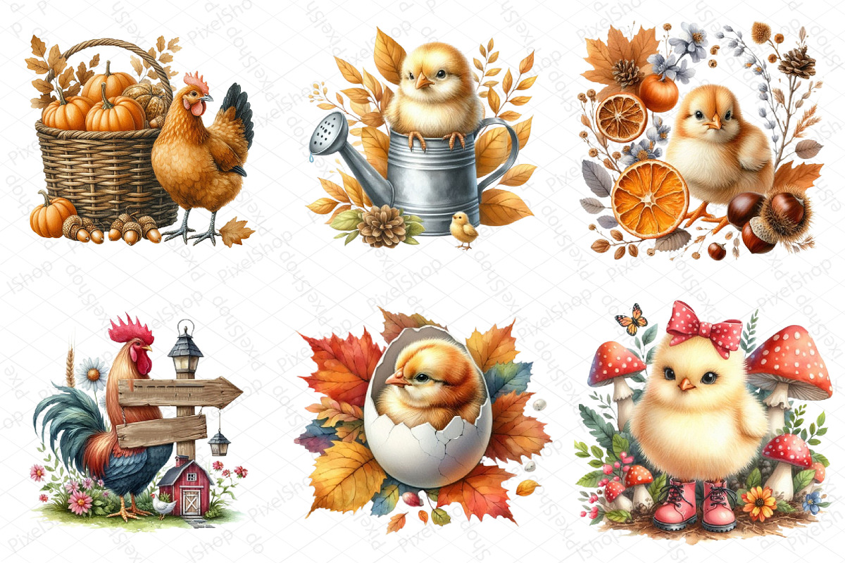 Watercolor Autumn Chicken Clipart, an Illustration by DreamPrint404 (Photo 4 of 6)