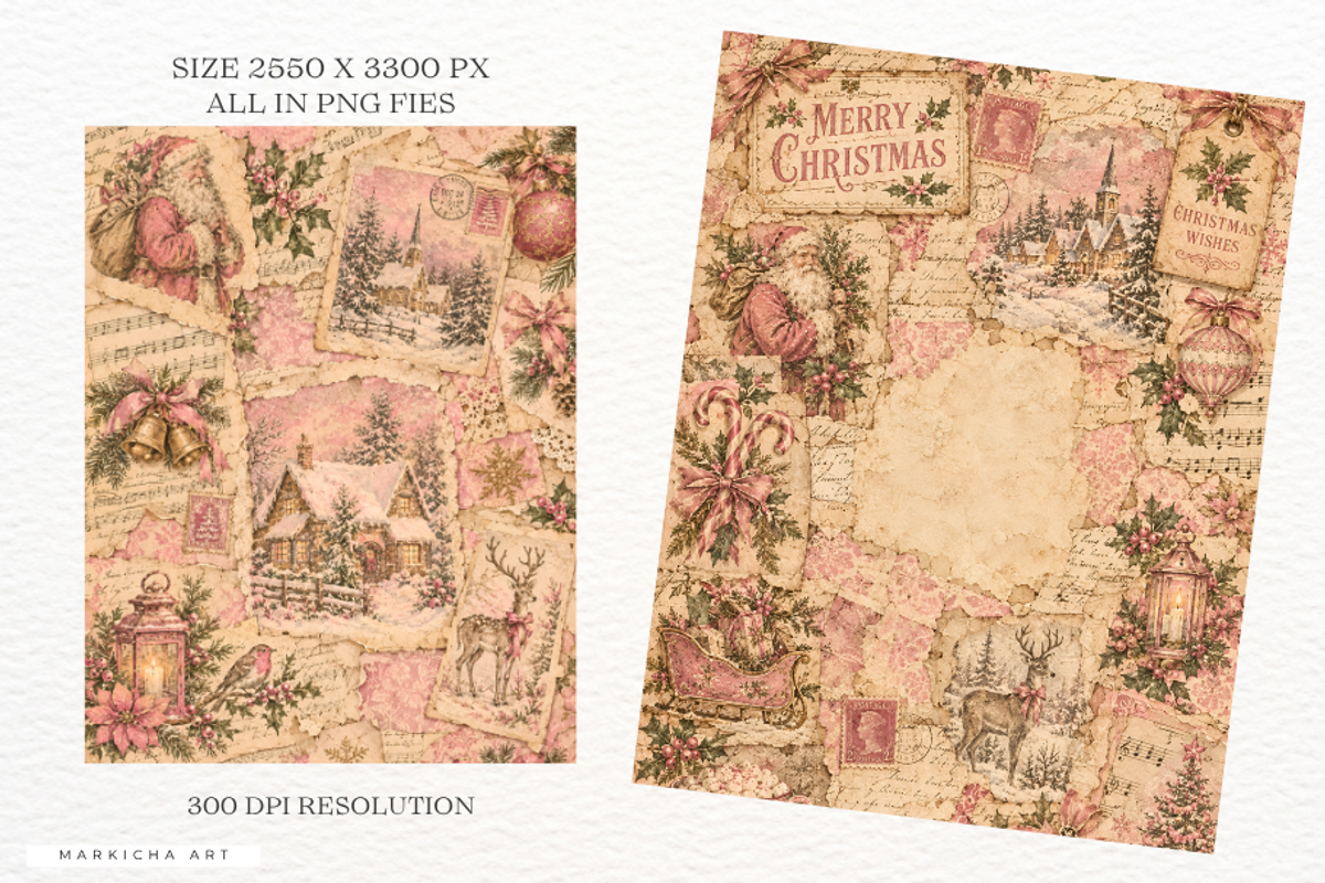 Pink Christmas Junk Journal Pages, a Background Graphic by Markicha Art (Photo 3 of 5)