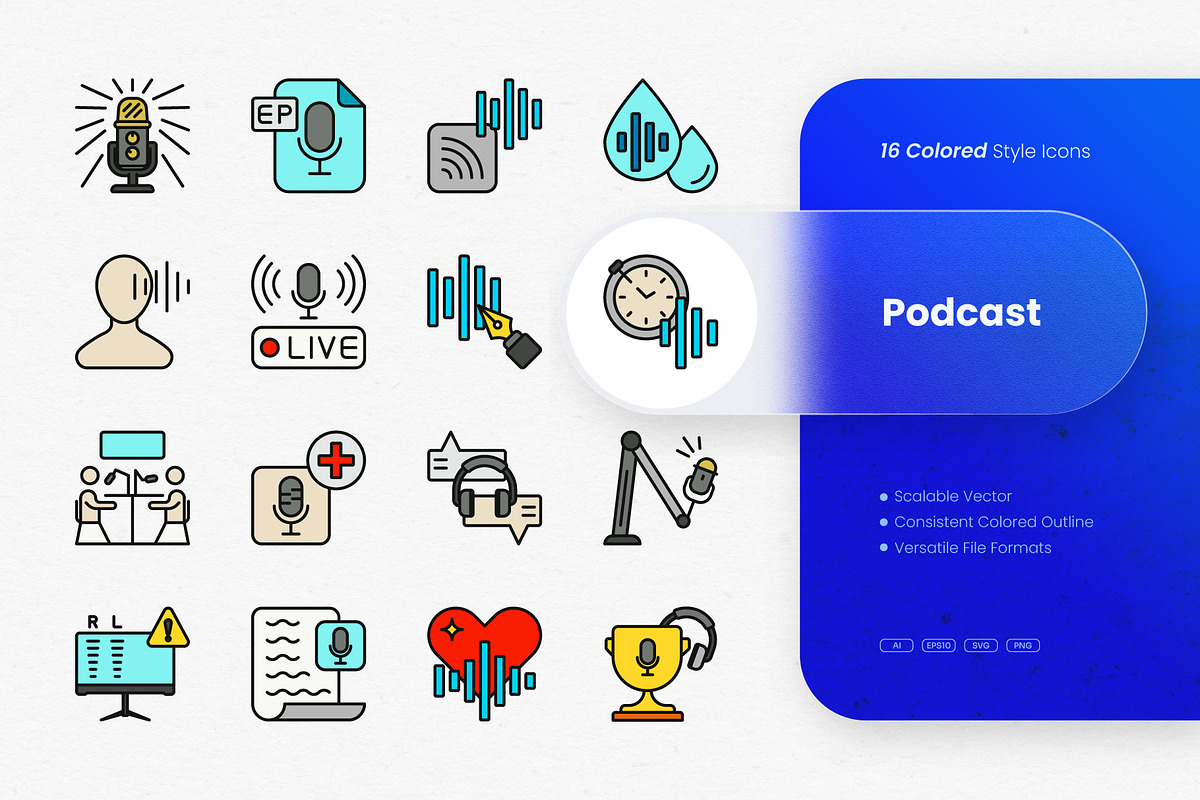 Podcast Colored Icons, an Outline Icon by cidcud_graphic
