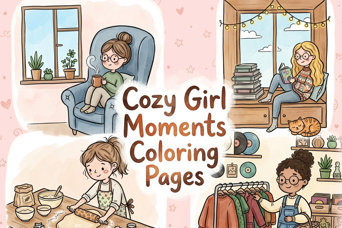 Cozy Girl Moments Coloring Pages, a Person Illustration by Image for Sale (Photo 1 of 3)