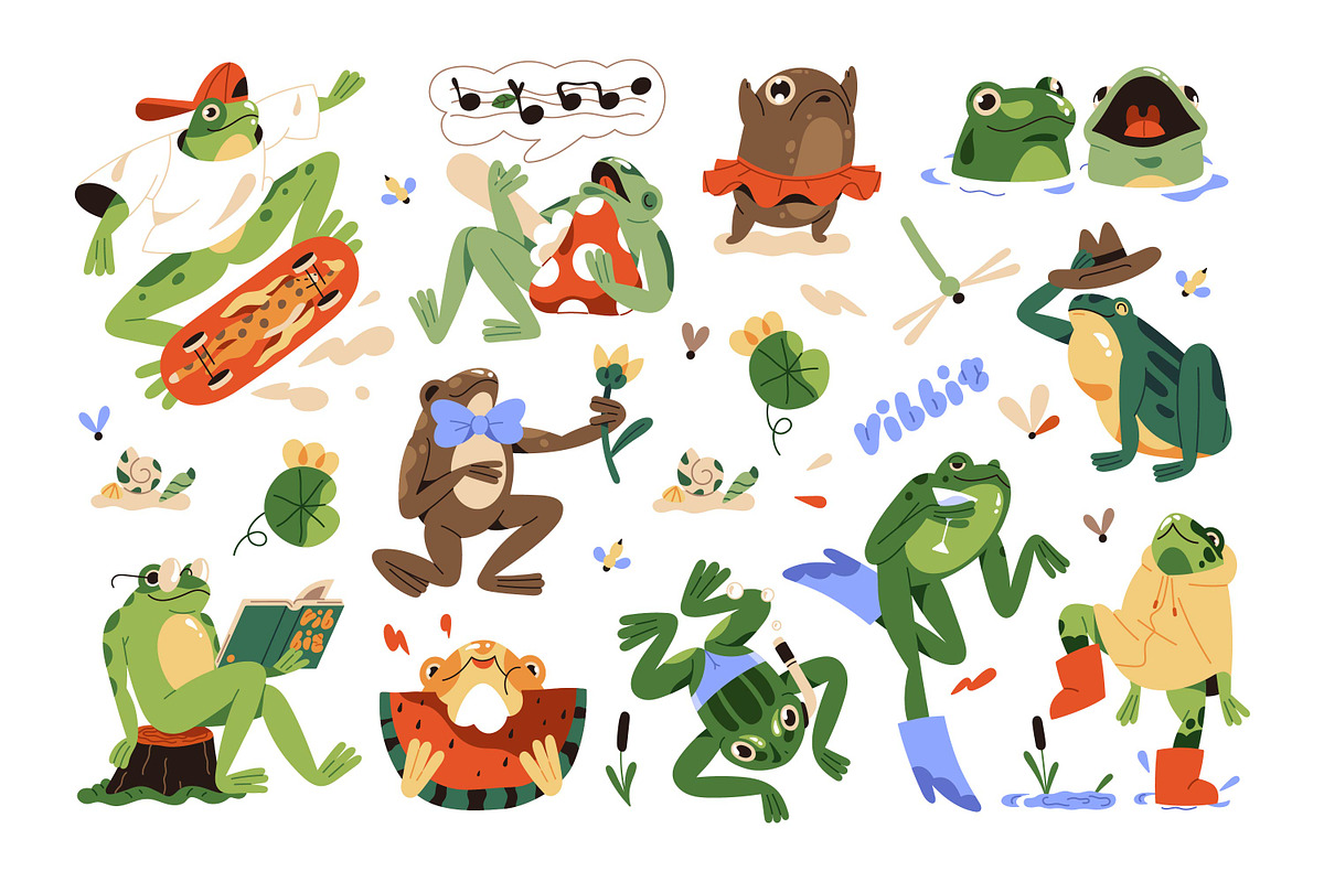 Funny frogs set + seamless patterns, an Animal Illustration by PaperTrident (Photo 1 of 5)