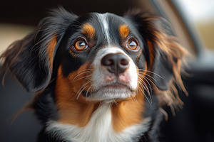 Dog with expressive eyes looking out, a Photo by Tanuart