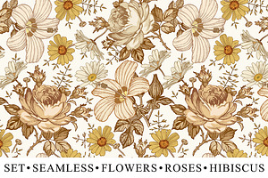 Set Seamless Flowers Rose Hibiscus