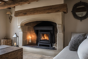 Cozy living room with rustic wood stove burning and warm candles creating a com, an Architecture Photo by Studio ANNA