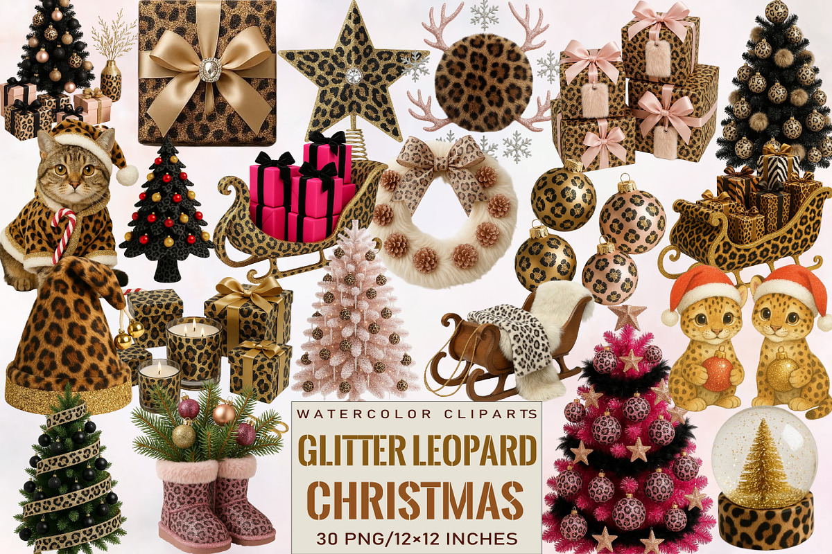 Glitter Leopard Christmas Clipart Bu, an Illustration by SVGArt (Photo 1 of 8)
