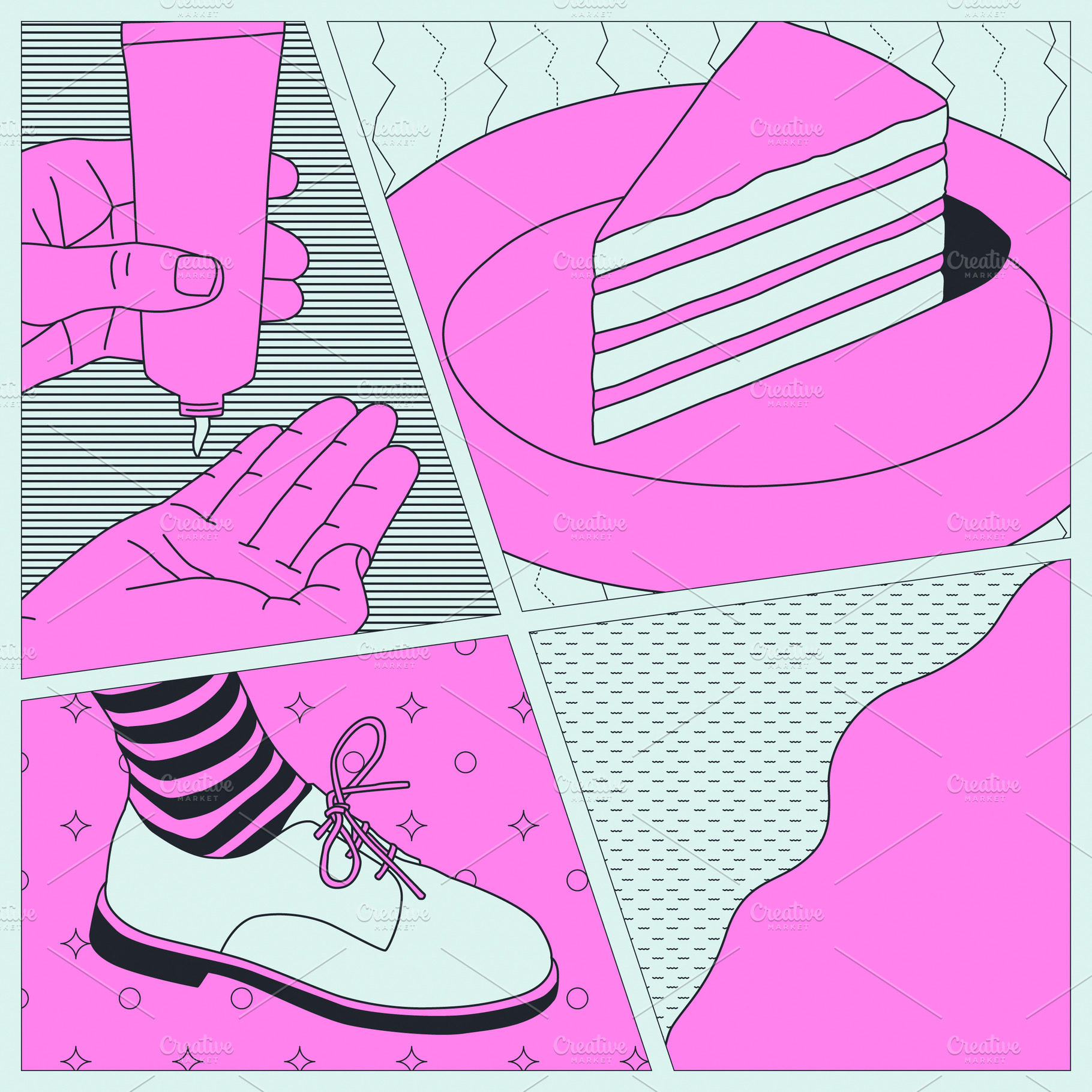Fashion minimal illustration. Stylish comic collage set. Pink ca, a Person Photo by Jenya Porechenskaya