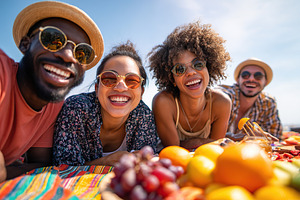 Friends enjoying a sunny picnic with fresh fruit on a vibrant blanket outdoors, a Photo by AlyaAnd