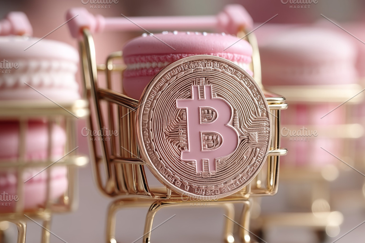 Bitcoin symbol with pink macarons in colorful shopping cart, an Illustration by AS photostudio