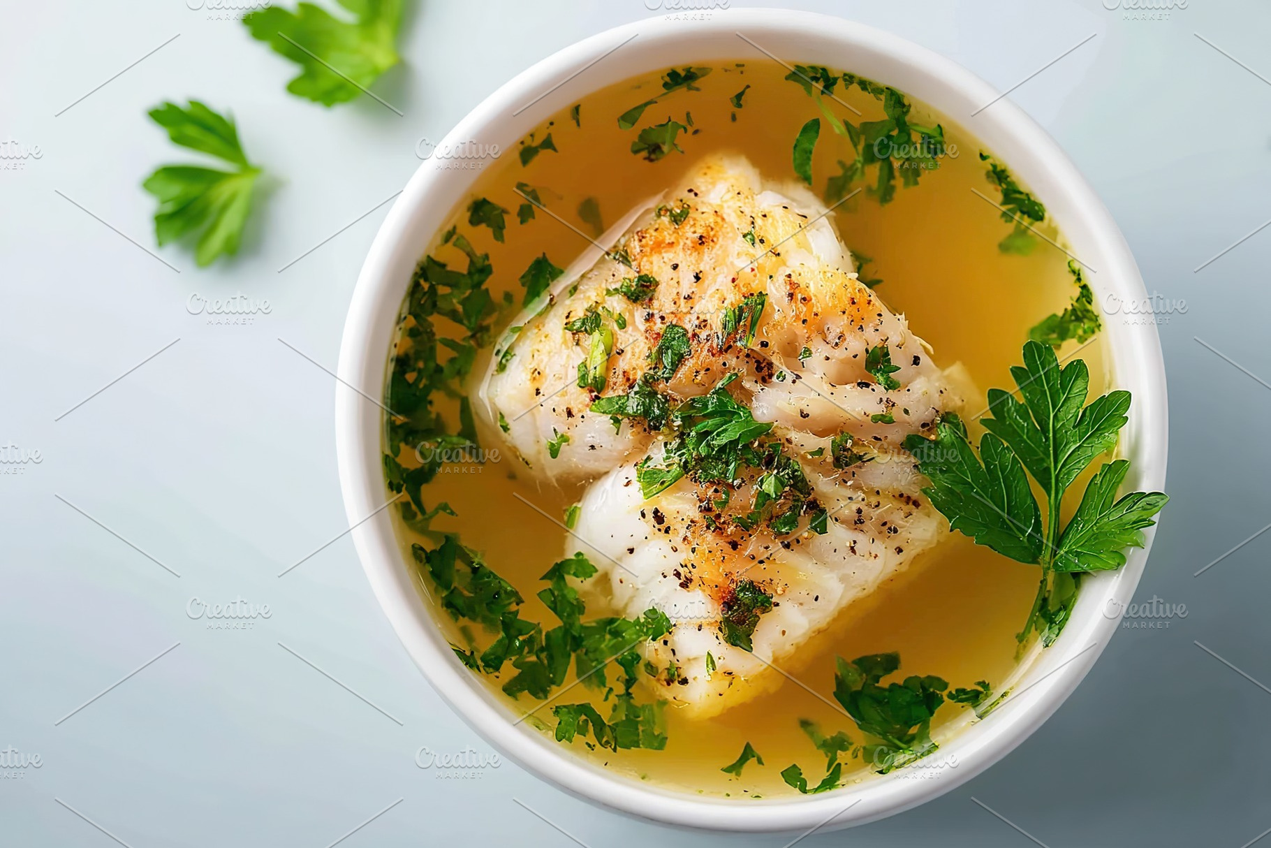 Healthy fish soup with fresh herbs served in a white bowl on a light background, a Photo by AlyaAnd