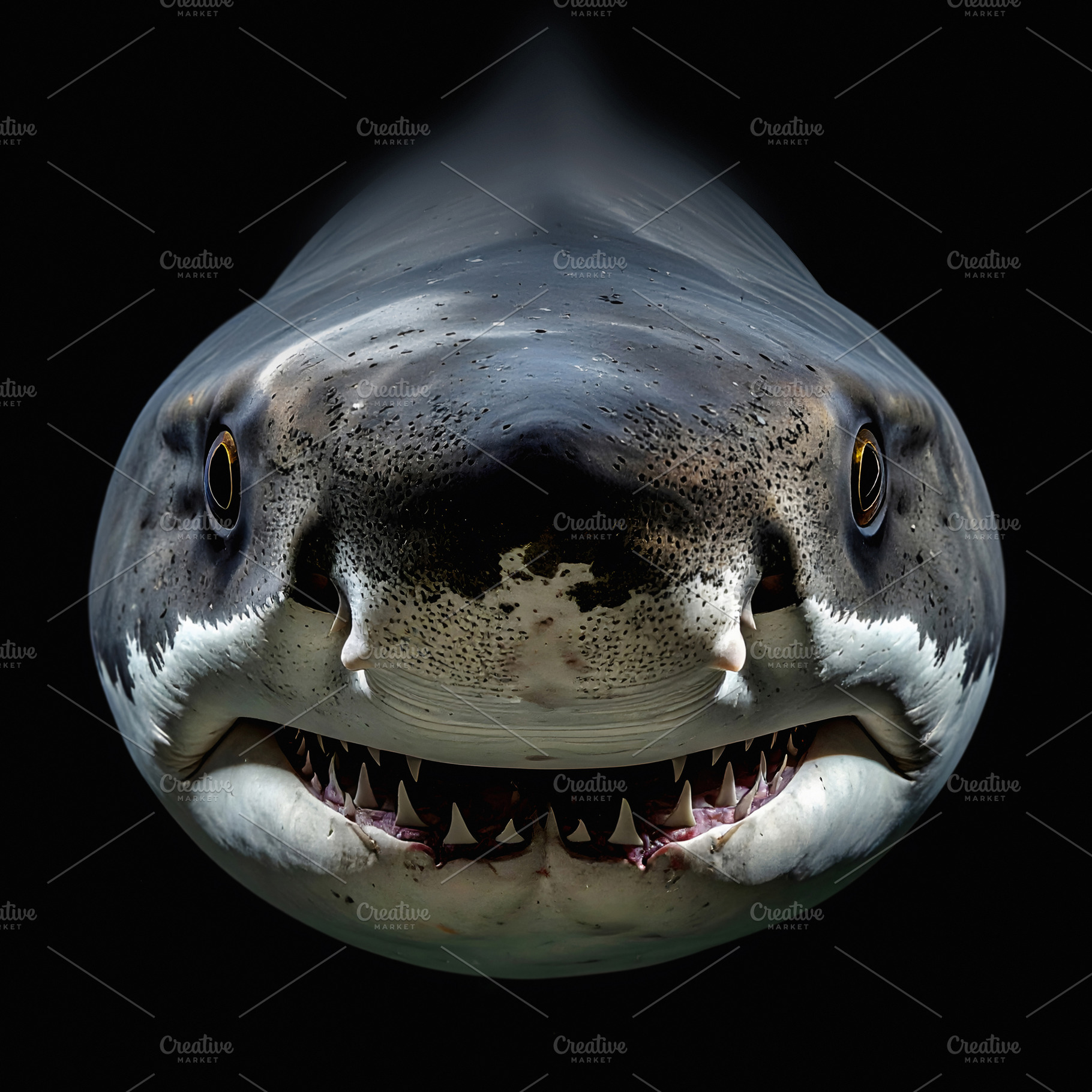Great white shark frontal portrait with wide open menacing jaws, an Animal Photo by GoodGoods