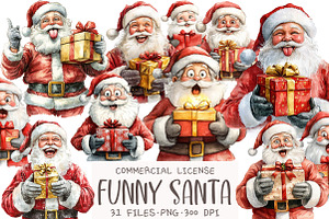 Funny Santa Watercolor Clipart, an Illustration by OK Design