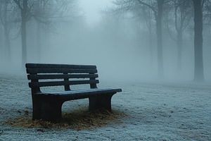 Misty morning with a lonely bench in, a Photo by Tanuart